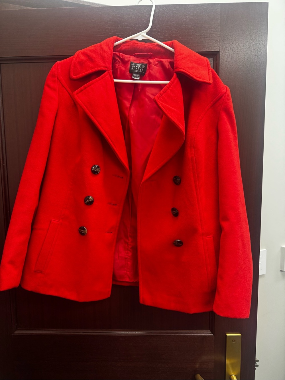 Red Wool Blend Double-Breasted Peacoat